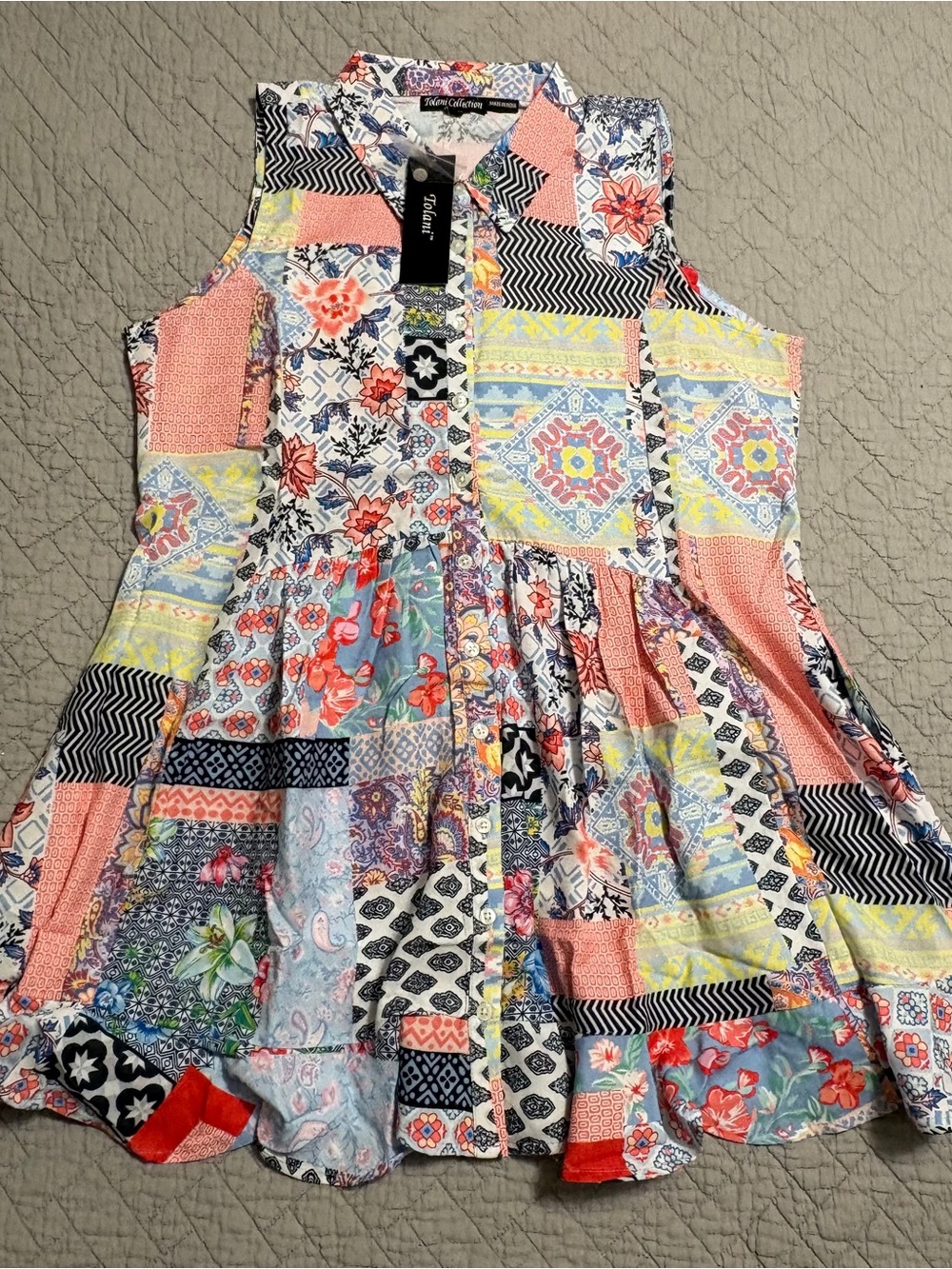 Tolani Sleeveless Collared Button Shirt Pink Paisley Patchwork Top XXS